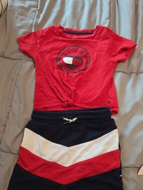 Tommy Hilfiger Red Tee with Navy & White Chevron Skirt
